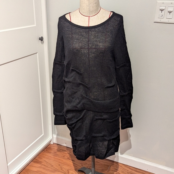 Peruvian Connection Sm Black Knit 100% Alpaca Pullover Dress Sheer Ruched Arty - Picture 1 of 7